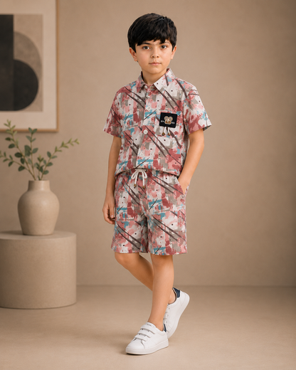 Boys Pink & Teal Abstract Print Shirt & Shorts Co-ord Set