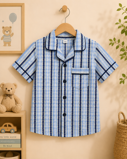 Boys Blue Plaid & Navy Stripe Pyjama Set