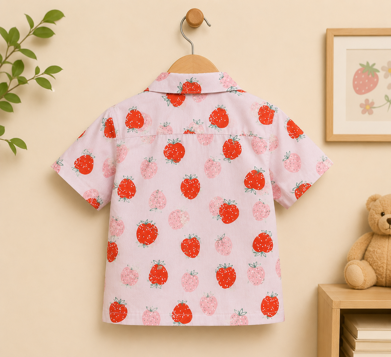 Girls Pink Strawberry Print Shirt & Shorts Co-ord Set