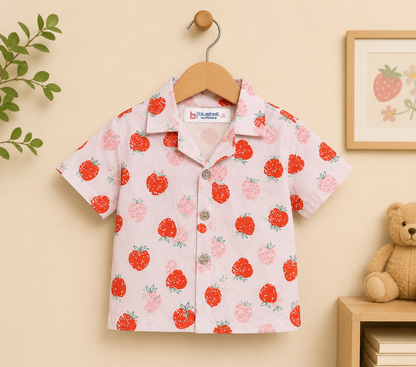 Girls Pink Strawberry Print Shirt & Shorts Co-ord Set