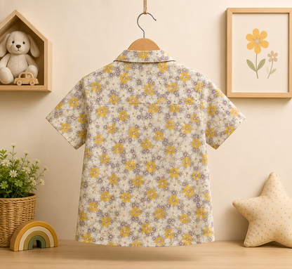 Boys Yellow & Lavender Daisy Floral Print Shirt & Shorts Co-ord Set