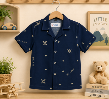 Boys Navy Blue Monogram & Triangle Print Shirt & Shorts Co-ord Set