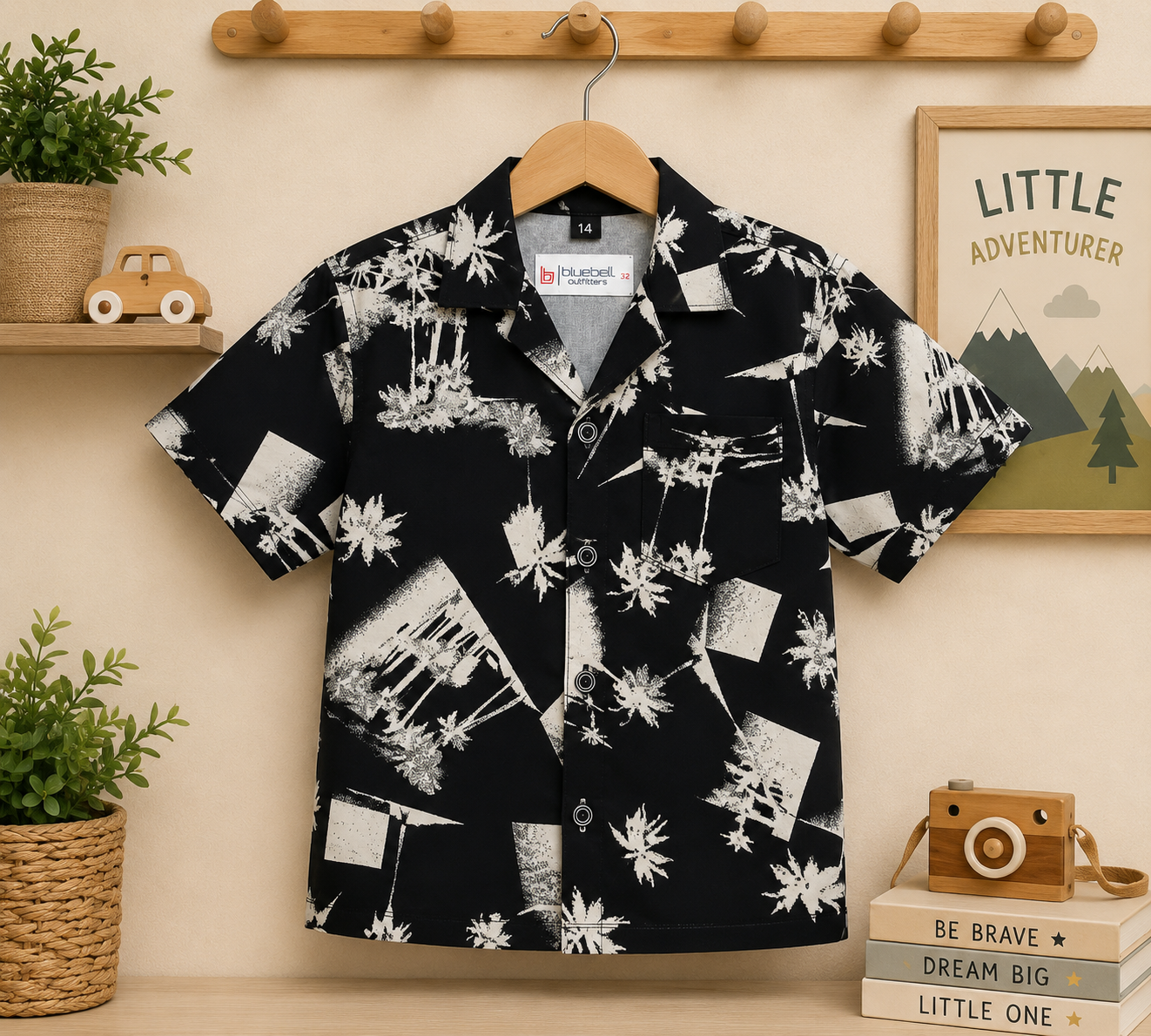 Boys Black & White Palm Tree Print Shirt & Shorts Co-ord Set
