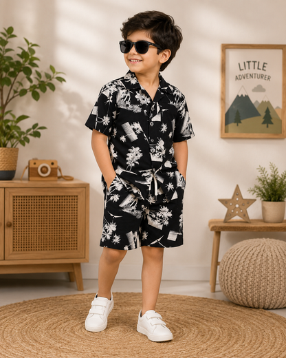 Boys Black & White Palm Tree Print Shirt & Shorts Co-ord Set