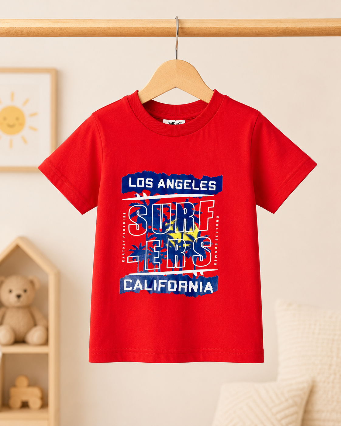 Boys Los Angeles Surfers California t-shirt Red - front full view on hanger