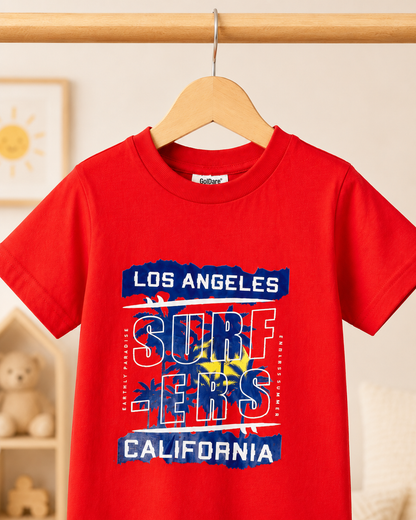 Boys Los Angeles Surfers California t-shirt Red - front graphic close up