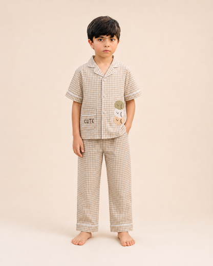 Boys beige gingham check pyjama set - full outfit on model