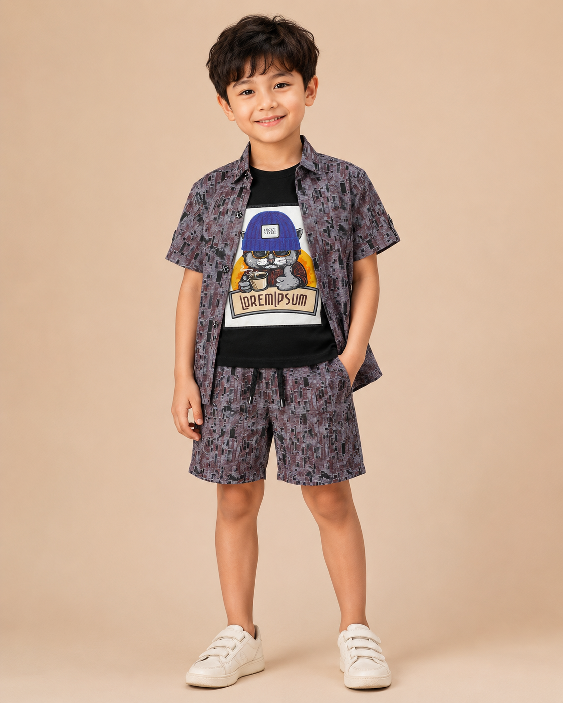 Boys Abstract Print Shirt & Shorts Co-ord Set – Grey Multi