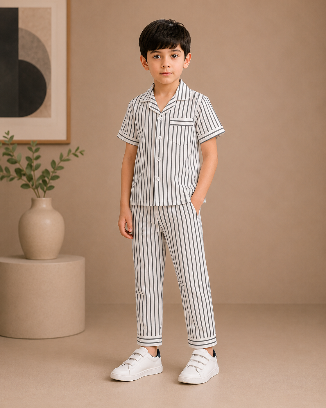 Boys White & Grey Stripe Short Sleeve Shirt