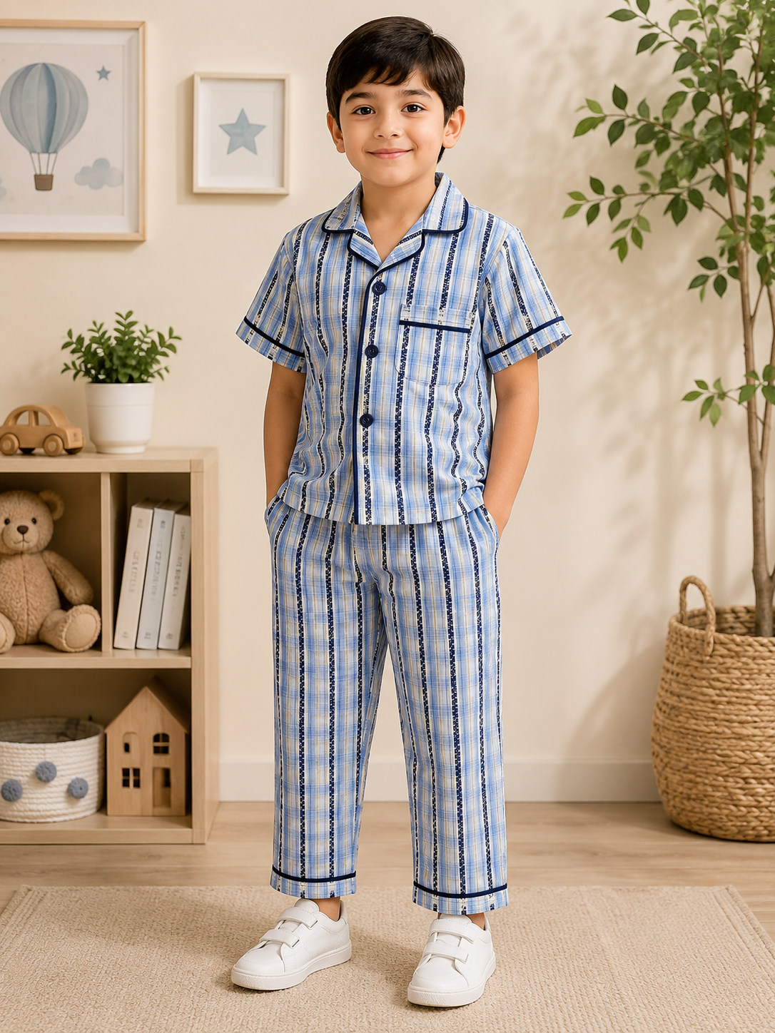 Boys Blue Plaid & Navy Stripe Pyjama Set
