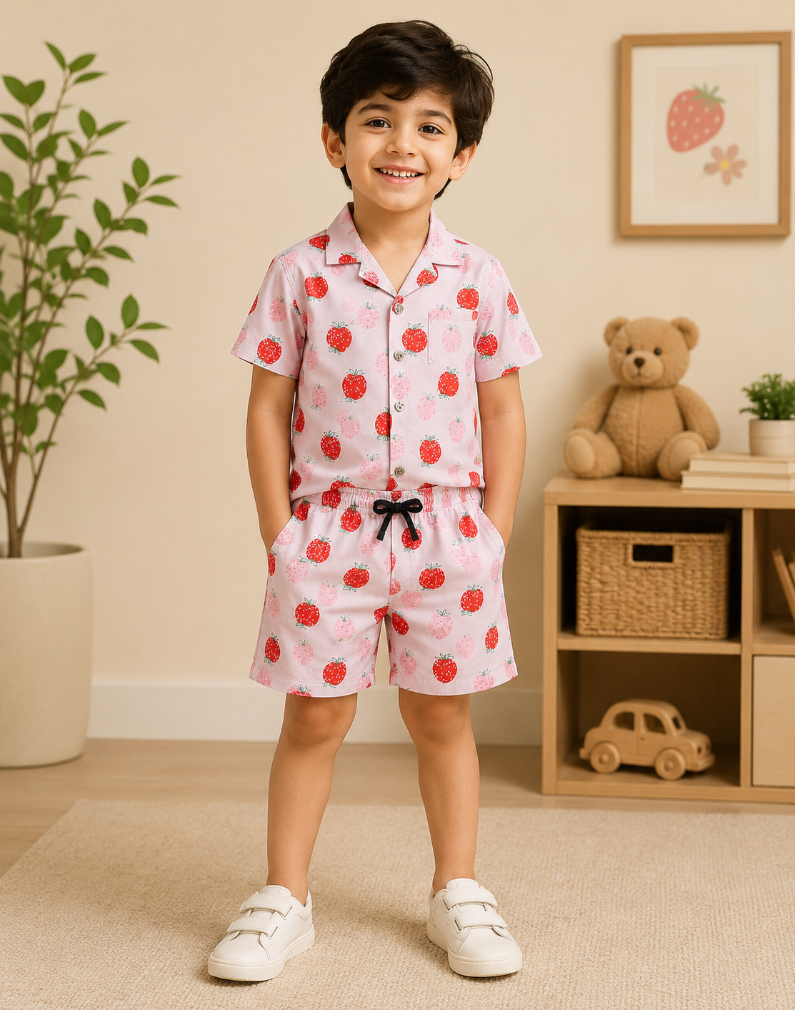 Boys Pink Strawberry Print Shirt & Shorts Co-ord Set